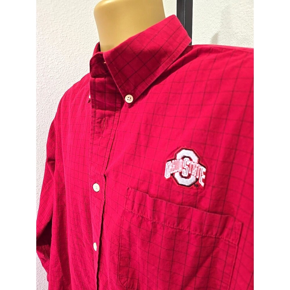 Mens Button Shirt Large Ohio State Buckeyes Red Plaid Embroidered Logo Fan Gear